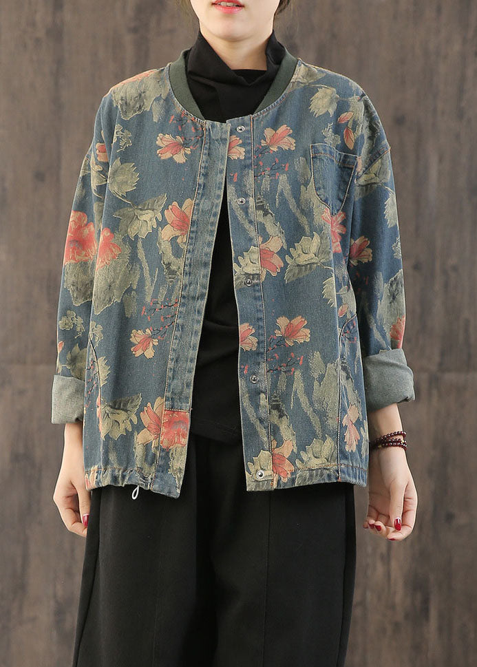 Vintage Print Button Fall Denim Coat