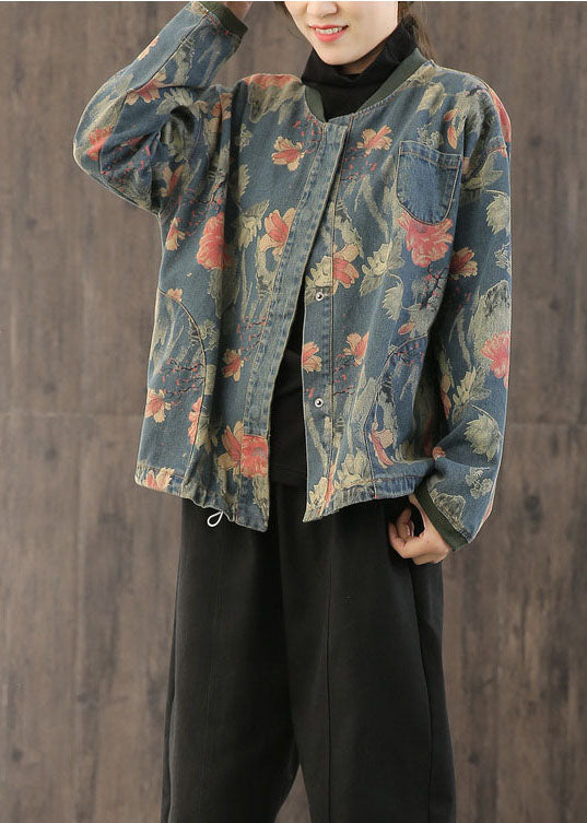 Vintage Print Button Fall Denim Coat