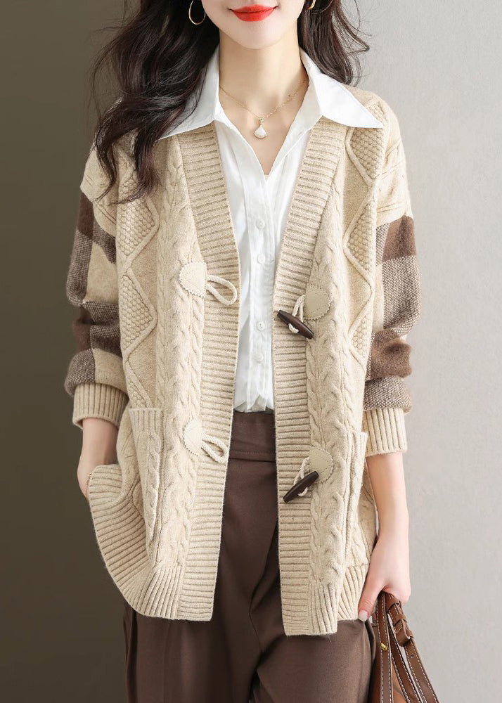 Chic Beige V Neck Button Patchwork Knit Cardigans Fall