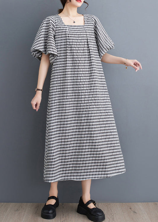 Chic Black Square Neck Plaid Linen Puff Sleeve Dress