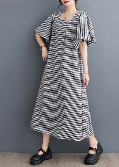 Chic Black Square Neck Plaid Linen Puff Sleeve Dress