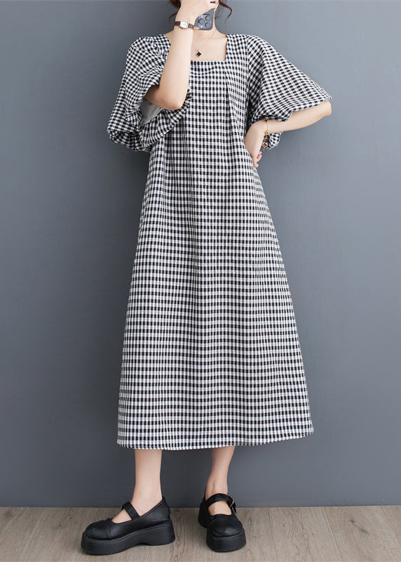 Chic Black Square Neck Plaid Linen Puff Sleeve Dress