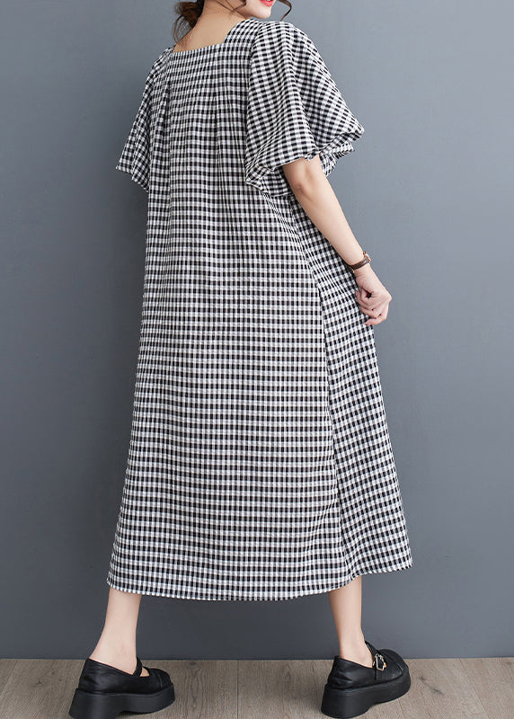 Chic Black Square Neck Plaid Linen Puff Sleeve Dress