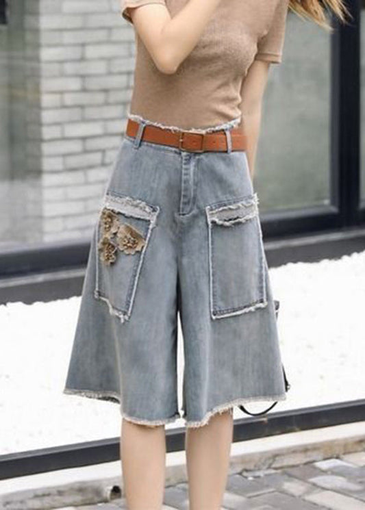 Chic Blue High Waist Sashes Floral Denim Cropped Summer Pants