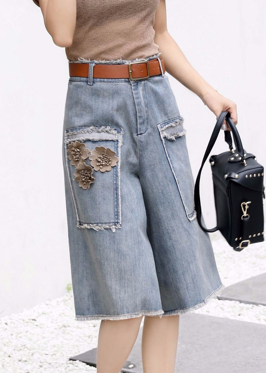 Chic Blue High Waist Sashes Floral Denim Cropped Summer Pants