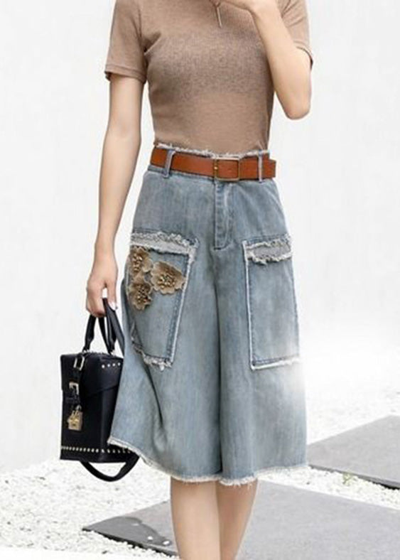 Chic Blue High Waist Sashes Floral Denim Cropped Summer Pants