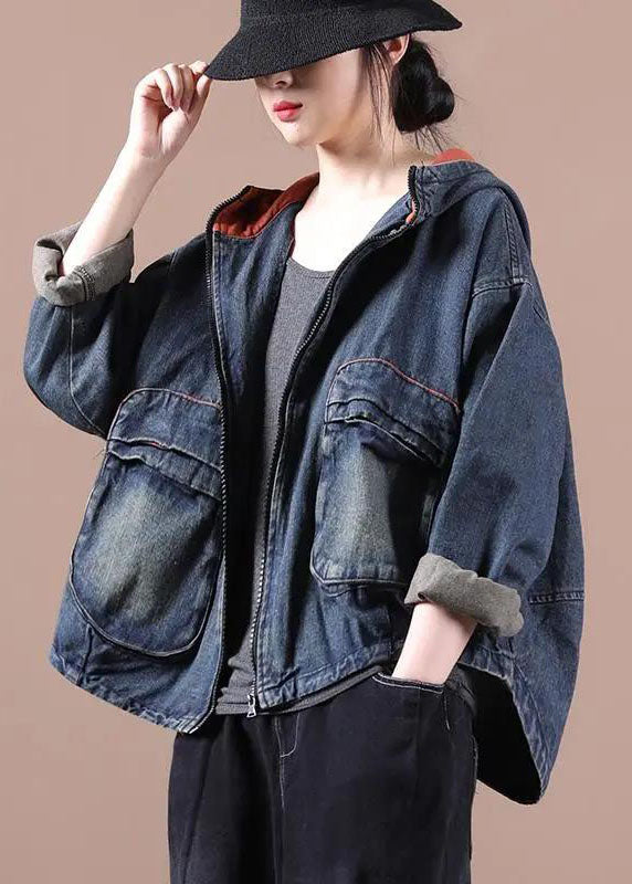 Blue Chic Hooded Pocket Zip Denim Fall Coat Long Sleeves