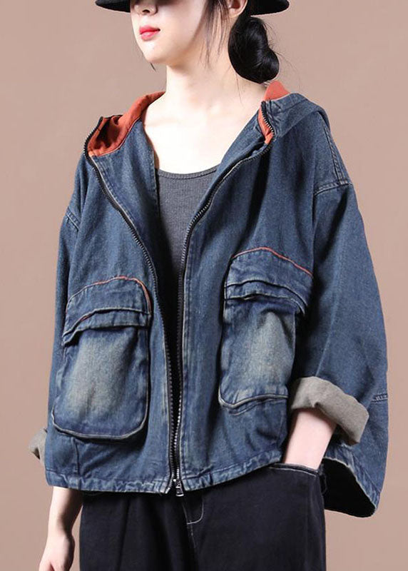 Blue Chic Hooded Pocket Zip Denim Fall Coat Long Sleeves