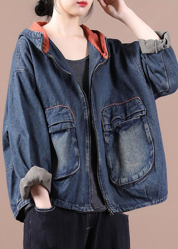 Blue Chic Hooded Pocket Zip Denim Fall Coat Long Sleeves