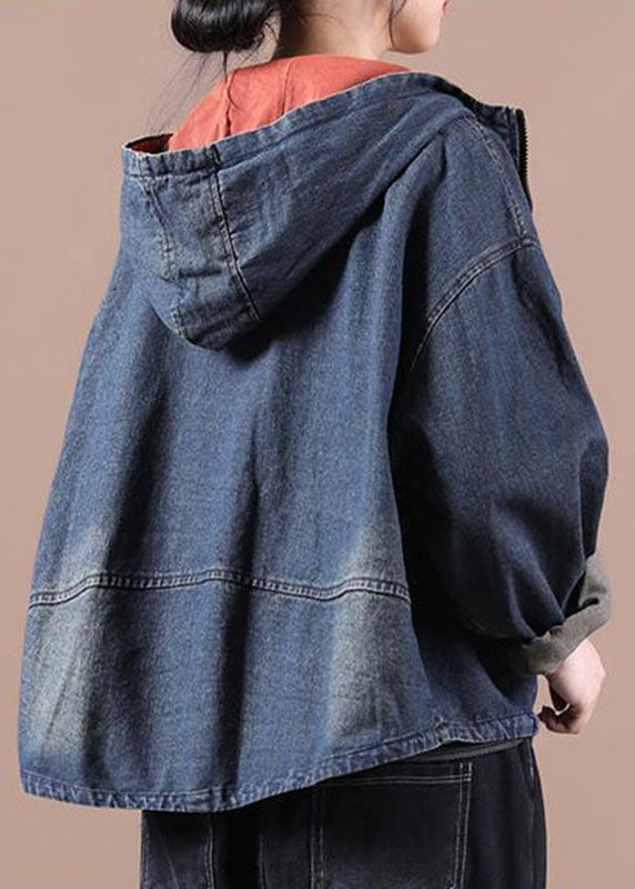 Blue Chic Hooded Pocket Zip Denim Fall Coat Long Sleeves