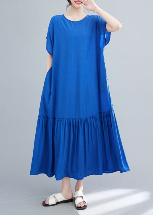 Chic Blue Women's Oversized Patchwork Wrinkled Cotton Robe Summer Dress