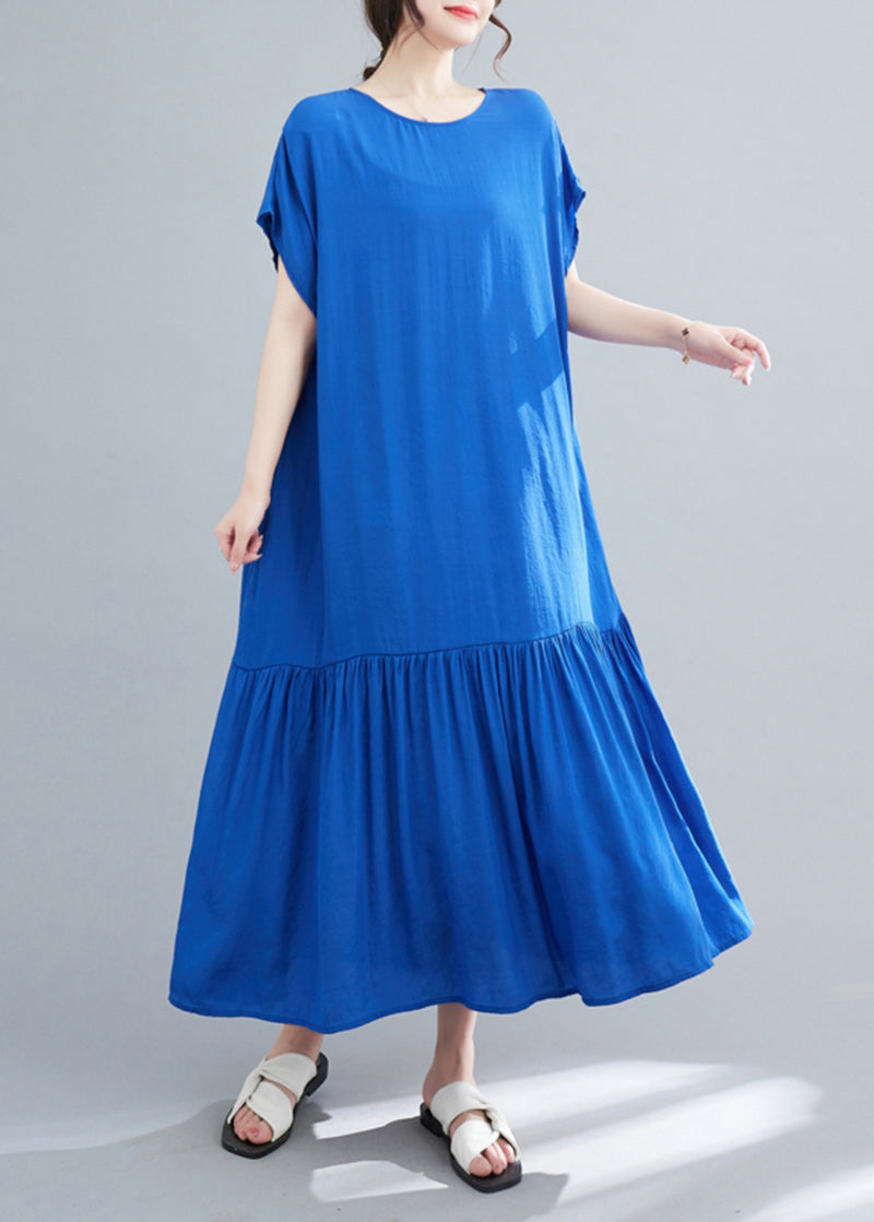 Chic Blue Women's Oversized Patchwork Wrinkled Cotton Robe Summer Dress