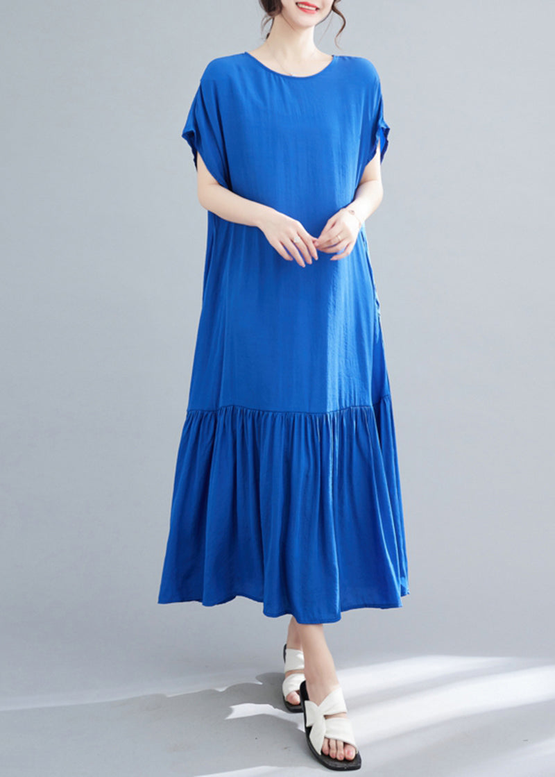 Chic Blue Women's Oversized Patchwork Wrinkled Cotton Robe Summer Dress