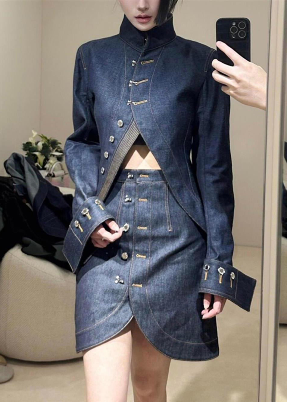 Chic Blue Turtleneck Asymmetrical Patchwork Denim Coats And Skirts Two Pieces Set Fall