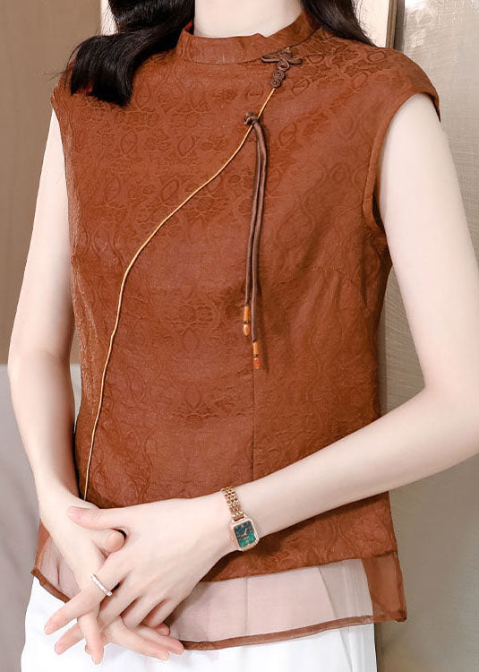 Chic Fringed Patchwork Jacquard Silk Brown Sleeveless Shirt