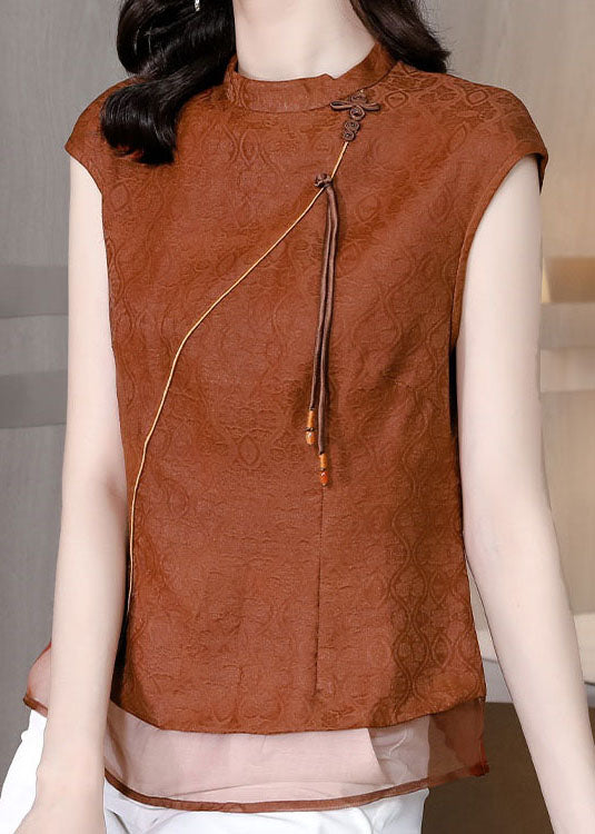 Chic Fringed Patchwork Jacquard Silk Brown Sleeveless Shirt