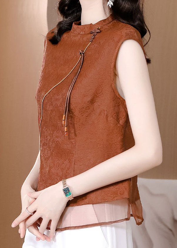 Chic Fringed Patchwork Jacquard Silk Brown Sleeveless Shirt