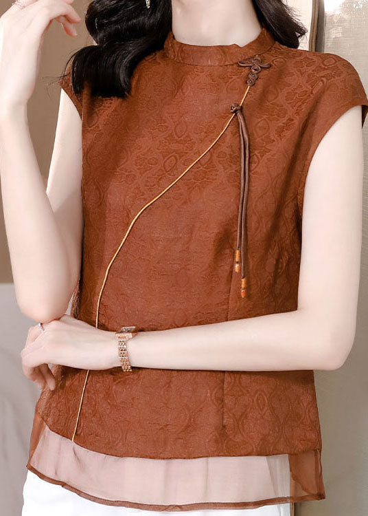 Chic Fringed Patchwork Jacquard Silk Brown Sleeveless Shirt