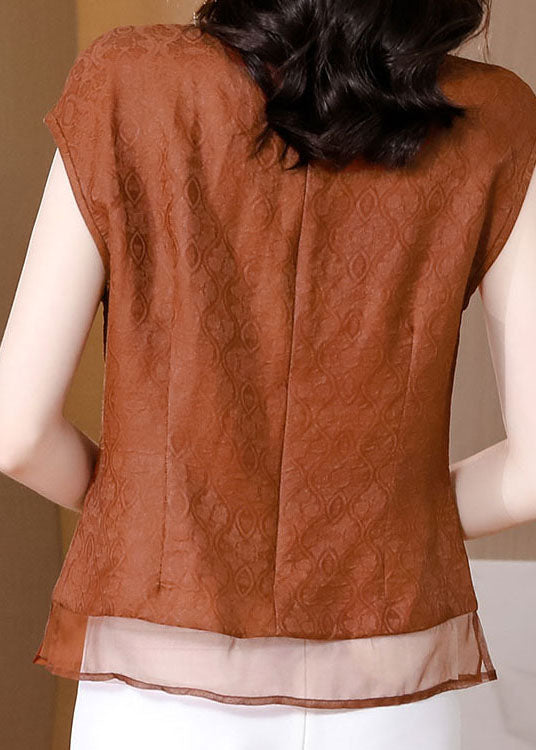 Chic Fringed Patchwork Jacquard Silk Brown Sleeveless Shirt