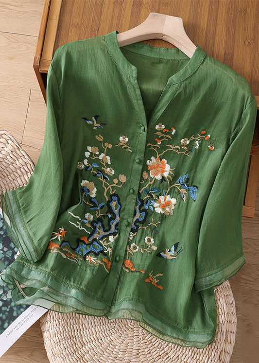 Chic Green Embroideried Button Patchwork Linen Top Bracelet Sleeve