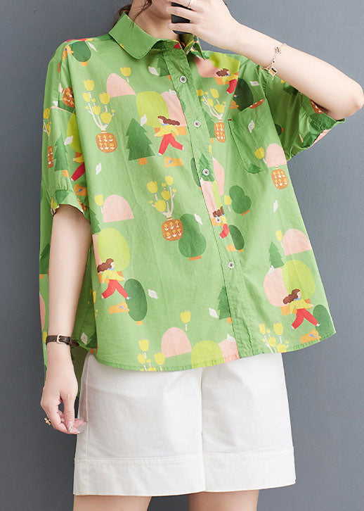 Chic Green Printed Patchwork Cotton Peter Pan Collar Shirt Top Summer