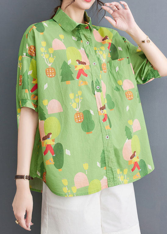 Chic Green Printed Patchwork Cotton Peter Pan Collar Shirt Top Summer