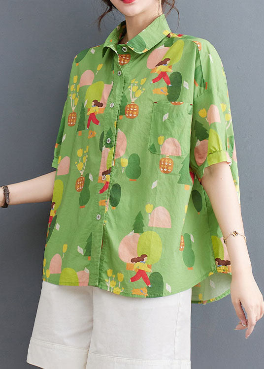 Chic Green Printed Patchwork Cotton Peter Pan Collar Shirt Top Summer