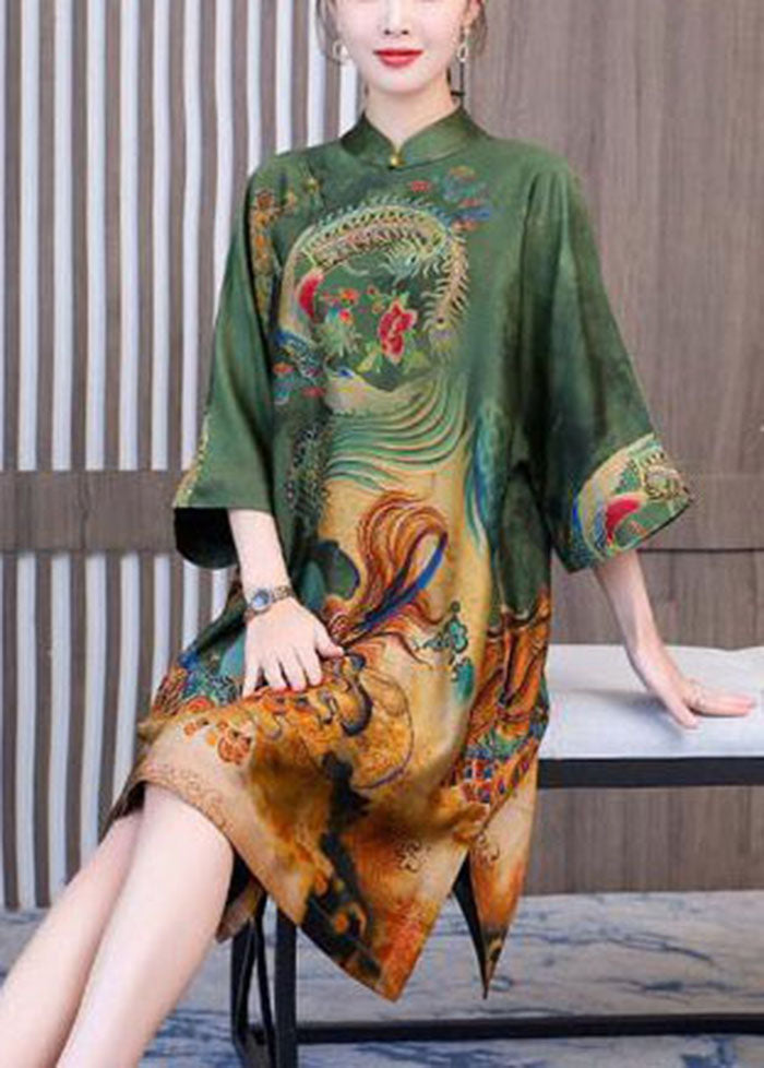 Chic Chinese Style Green Print Silk A Line Dresses Spring