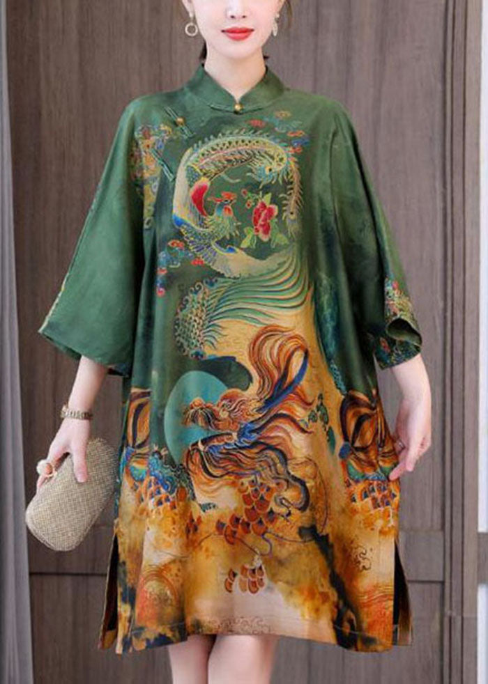 Chic Chinese Style Green Print Silk A Line Dresses Spring