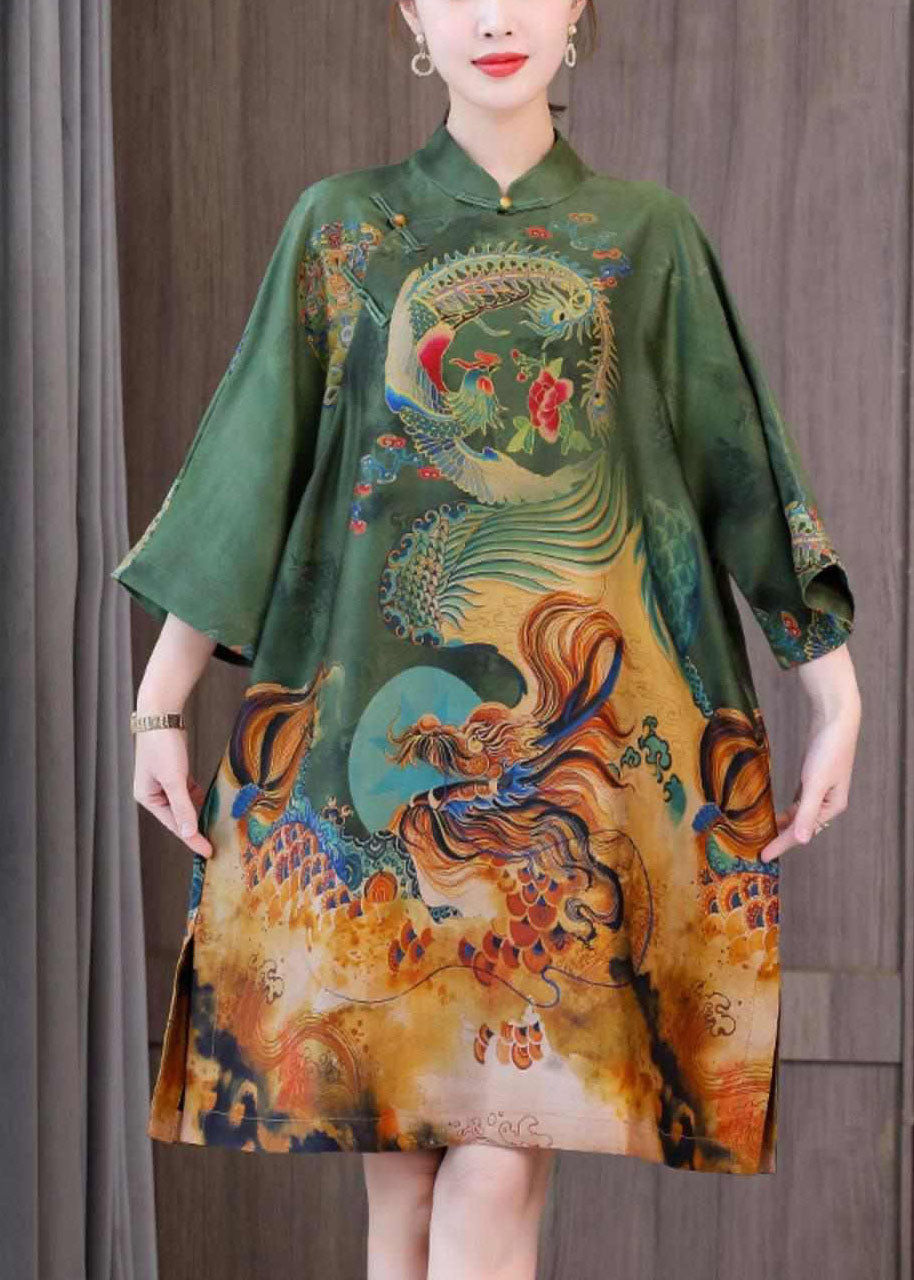 Chic Chinese Style Green Print Silk A Line Dresses Spring