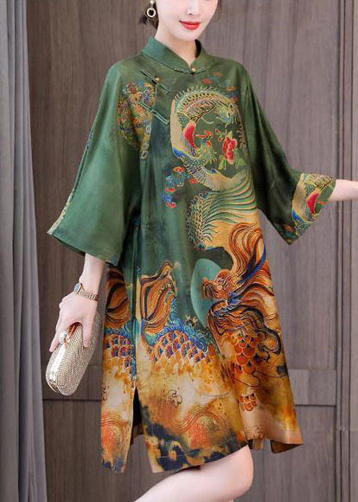 Chic Chinese Style Green Print Silk A Line Dresses Spring