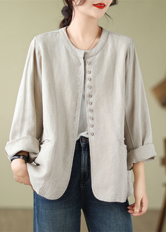 Chic Linen O-Neck Pockets Button Shirt Fall