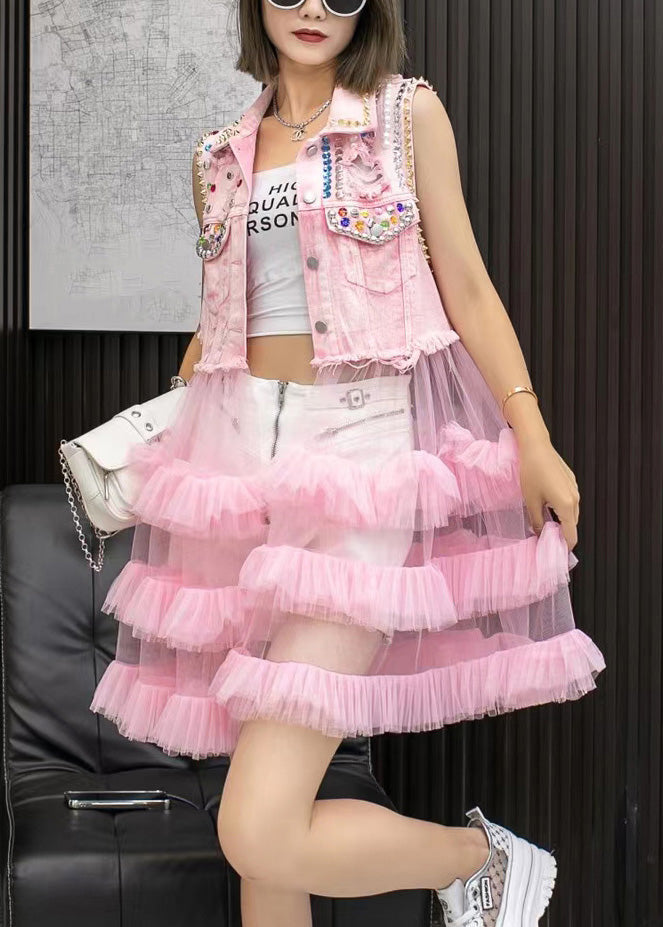 Chic Pink Patchwork Tulle Denim Waistcoat