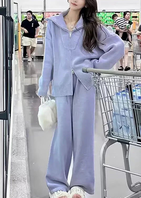 Chic Purple Zip Up Sweaters And Pants Knit Two Pieces Set Winter