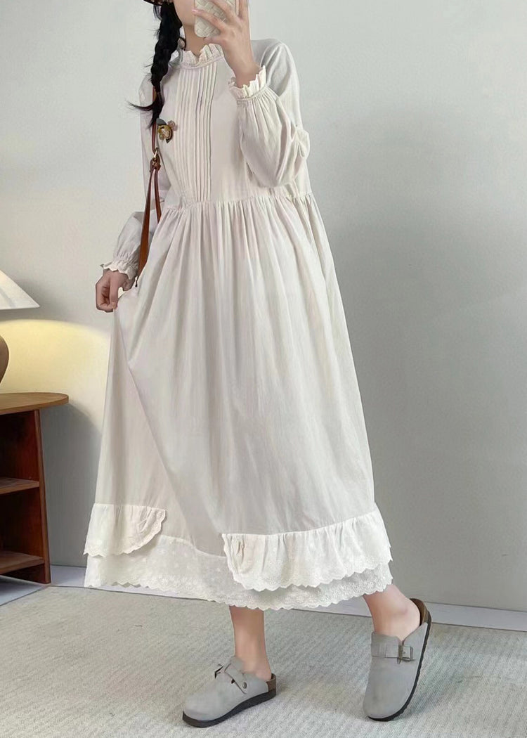 Chic Apricot Stand Collar Ruffled Patchwork Wrinkled Long Dress Long Sleeve