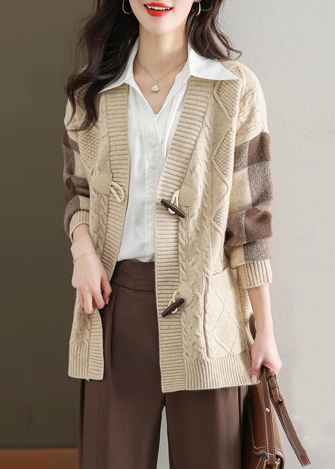 Chic Beige V Neck Button Patchwork Knit Cardigans Fall