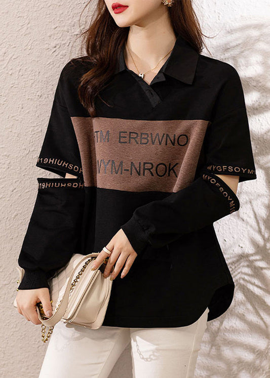 Chic Black Peter Pan Collar Print Patchwork Cotton Sweatshirts Fall