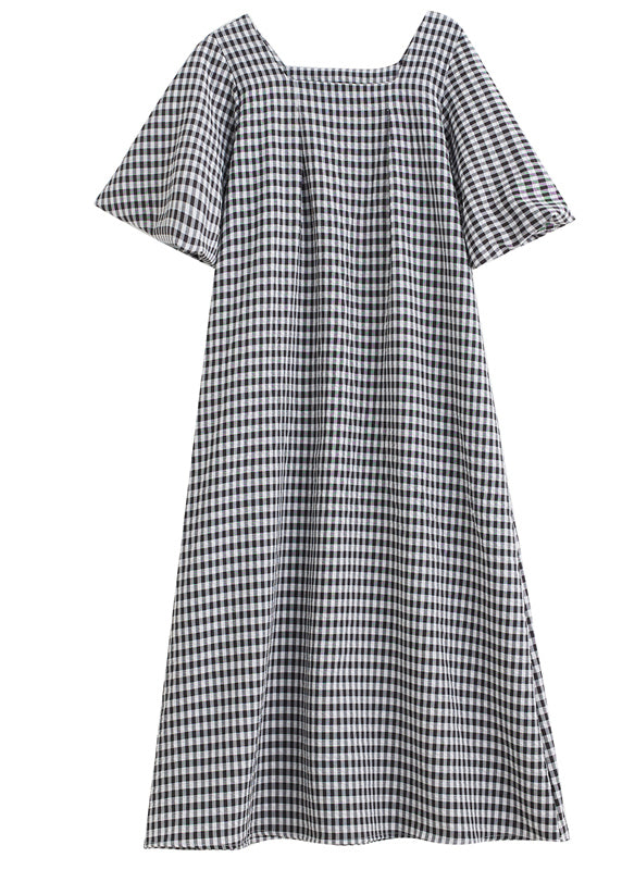 Chic Black Square Neck Plaid Linen Puff Sleeve Dress