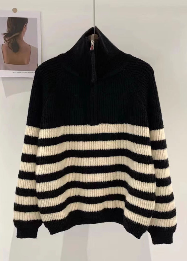 Chic Black Stand Collar Striped Patchwork Thick Knit Pullover Long Sleeve