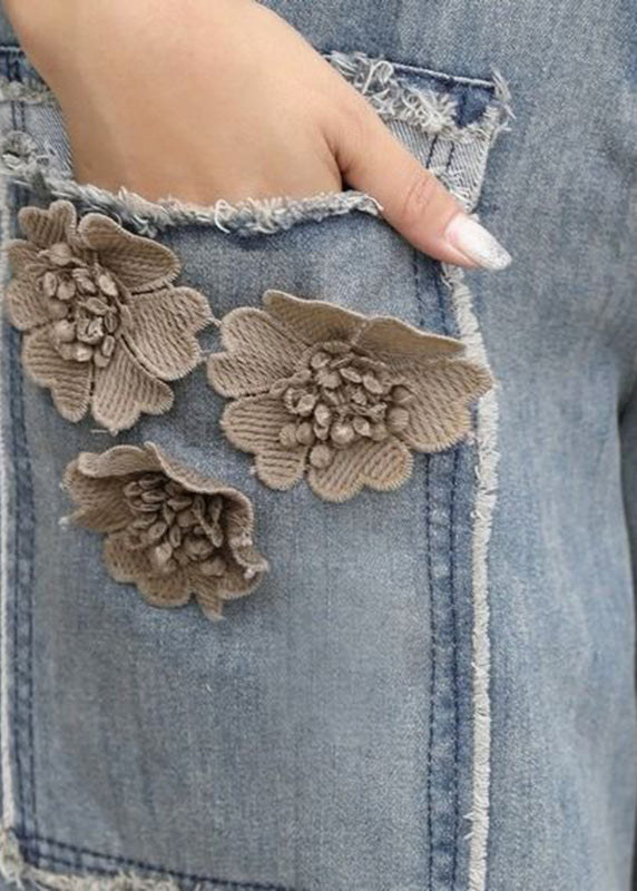 Chic Blue High Waist Sashes Floral Denim Cropped Summer Pants