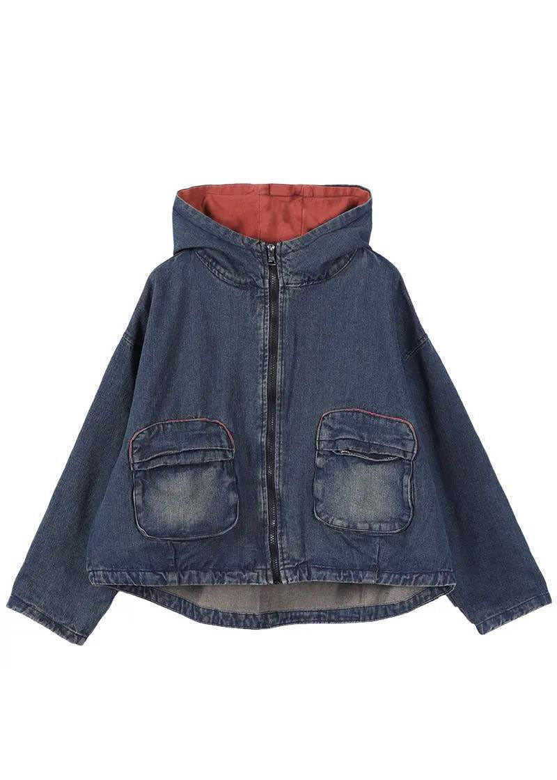 Blue Chic Hooded Pocket Zip Denim Fall Coat Long Sleeves