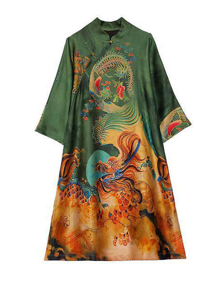 Chic Chinese Style Green Print Silk A Line Dresses Spring