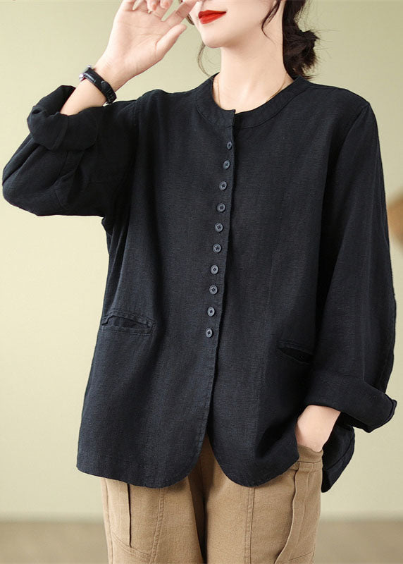 Chic Linen O-Neck Pockets Button Shirt Fall