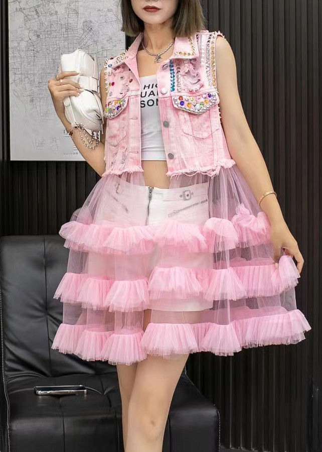 Chic Pink Patchwork Tulle Denim Waistcoat