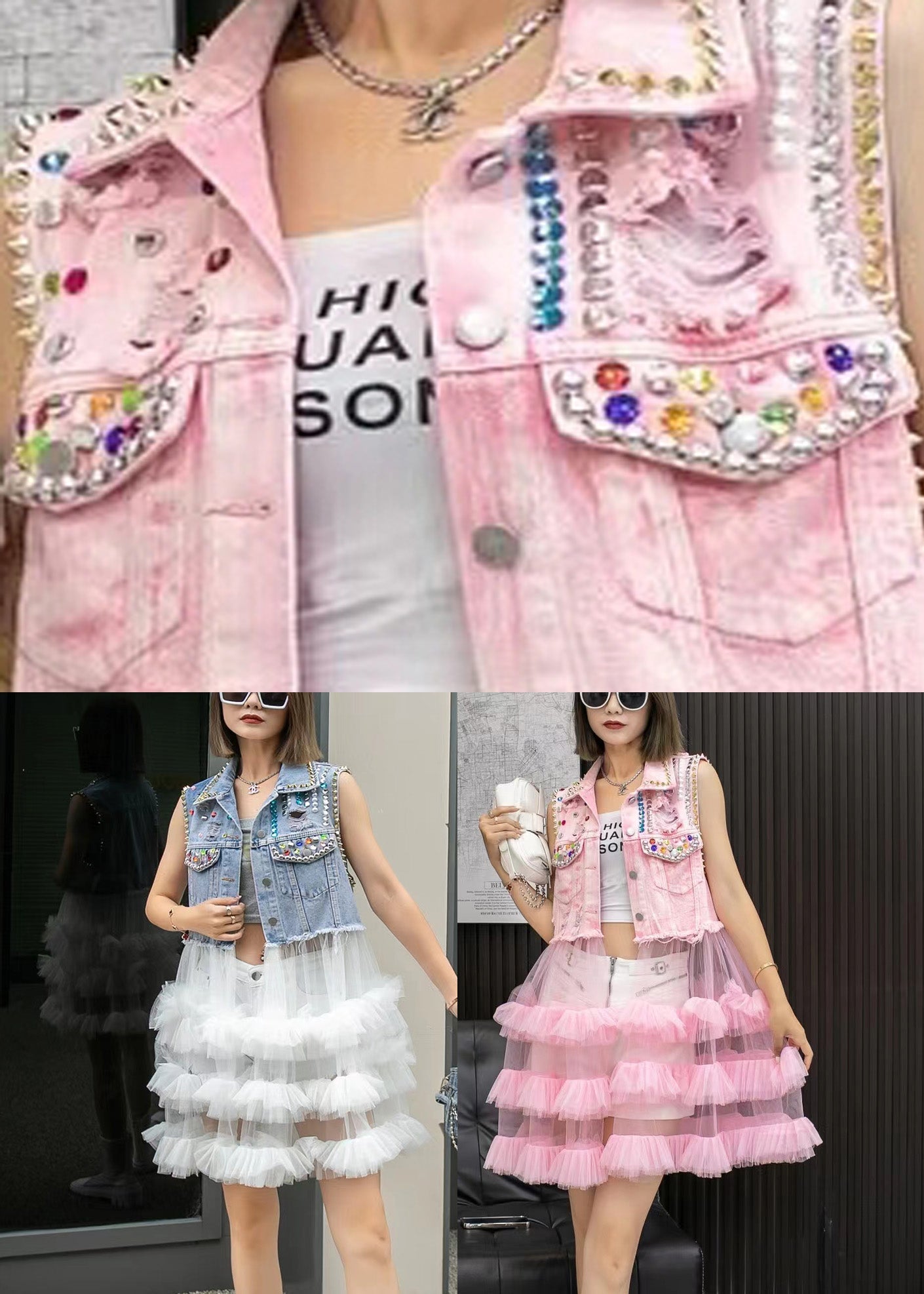 Chic Pink Patchwork Tulle Denim Waistcoat