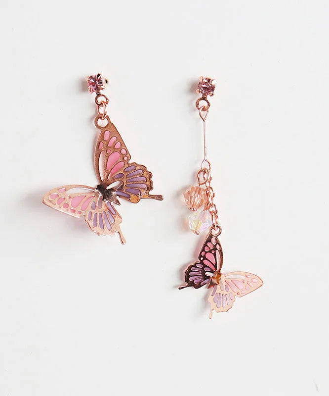 Chic Purple Butterfly Metal Asymmetrical Design Crystal Drop Earrings