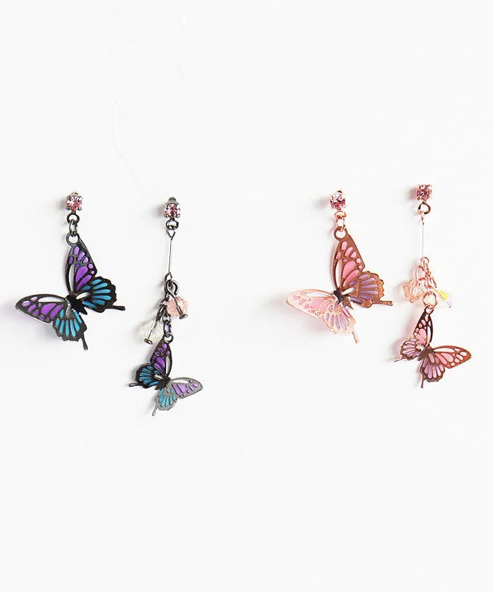 Chic Purple Butterfly Metal Asymmetrical Design Crystal Drop Earrings