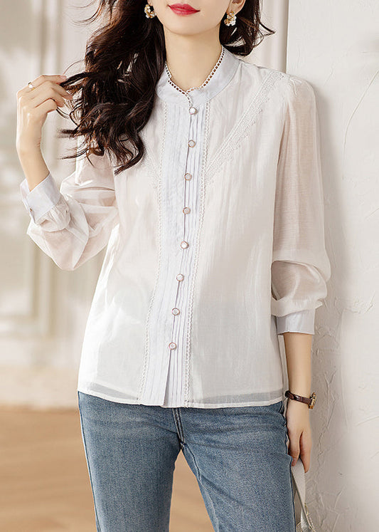 Chic White Button Lace Patchwork Shirts Long Sleeve