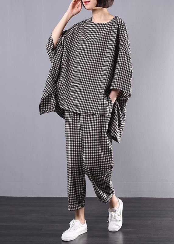 Chic pattern stylish Cotton Linen gray Plaid Vintage Blouse And Pants