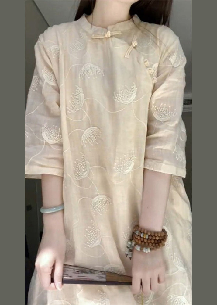 Chinese Style Apricot Embroideried Patchwork Linen Dresses Summer